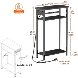 AMHANCIBLE Narrow Side Table, Small End Tables for Small Spaces, 3 Tier Slim Night Stand with Charging Station, Skinny Sofa Beside Table with Storage Shelf, Brown TETN03BK-1