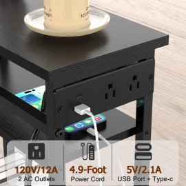 AMHANCIBLE Narrow Side Table, Small End Tables for Small Spaces, 3 Tier Slim Night Stand with Charging Station, Skinny Sofa Beside Table with Storage Shelf, Brown TETN03BK-1