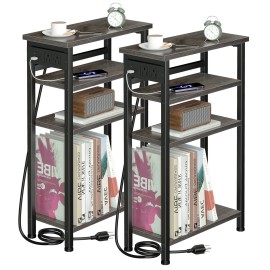 AMHANCIBLE 1pc/2pcs Narrow Side Table with Charging Station, Small End Tables for Small Space, 3/4 Tier Slim Night Stand, Skinny Sofa Beside Table with Storage Shelf