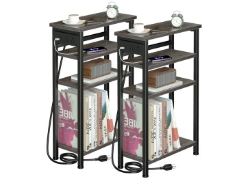 AMHANCIBLE 1pc/2pcs Narrow Side Table with Charging Station, Small End Tables for Small Space, 3/4 Tier Slim Night Stand, Skinny Sofa Beside Table with Storage Shelf