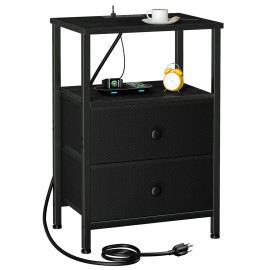 LOAKEKEL Night Stand with Charging Station, Small Bedside Table with Fabric Drawer, Nightstand with USB Ports & Outlets for Bedroom, Living Room, Black, HETS020BK-1