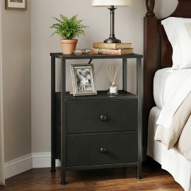 LOAKEKEL Night Stand with Charging Station, Small Bedside Table with Fabric Drawer, Nightstand with USB Ports & Outlets for Bedroom, Living Room, Black, HETS020BK-1