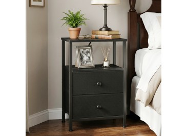 LOAKEKEL Night Stand with Charging Station, Small Bedside Table with Fabric Drawer, Nightstand with USB Ports & Outlets for Bedroom, Living Room, Black, HETS020BK-1