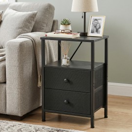 LOAKEKEL Night Stand with Charging Station, Small Bedside Table with Fabric Drawer, Nightstand with USB Ports & Outlets for Bedroom, Living Room, Black, HETS020BK-1