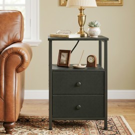 LOAKEKEL Night Stand with Charging Station, Small Bedside Table with Fabric Drawer, Nightstand with USB Ports & Outlets for Bedroom, Living Room, Black, HETS020BK-1