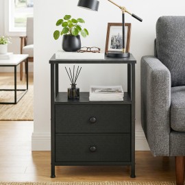 LOAKEKEL Night Stand with Charging Station, Small Bedside Table with Fabric Drawer, Nightstand with USB Ports & Outlets for Bedroom, Living Room, Black, HETS020BK-1