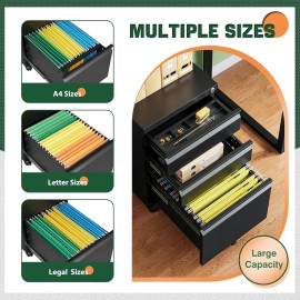 AMHANCIBLE 3 Drawer Mobile File Cabinet with Lock,Under Desk Metal Filing Cabinets for Home Office Organizer Letters/Legal/A4((Fully Assembled-Black)