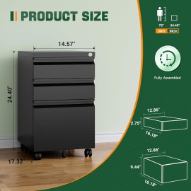 AMHANCIBLE 3 Drawer Mobile File Cabinet with Lock,Under Desk Metal Filing Cabinets for Home Office Organizer Letters/Legal/A4((Fully Assembled-Black)