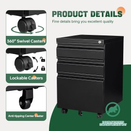 AMHANCIBLE 3 Drawer Mobile File Cabinet with Lock,Under Desk Metal Filing Cabinets for Home Office Organizer Letters/Legal/A4((Fully Assembled-Black)