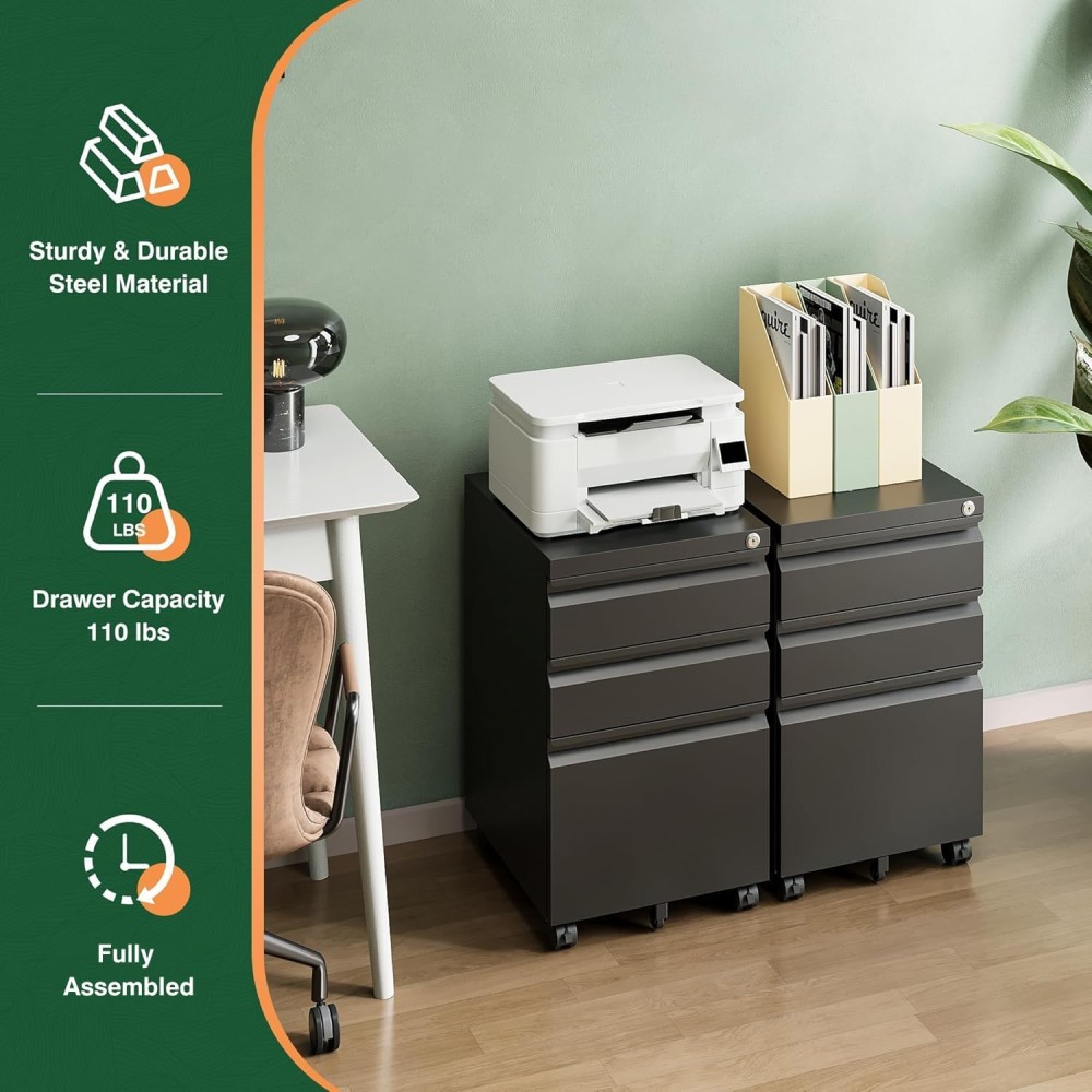AMHANCIBLE 3 Drawer Mobile File Cabinet with Lock,Under Desk Metal Filing Cabinets for Home Office Organizer Letters/Legal/A4((Fully Assembled-Black)
