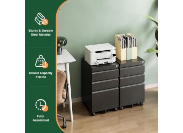 AMHANCIBLE 3 Drawer Mobile File Cabinet with Lock,Under Desk Metal Filing Cabinets for Home Office Organizer Letters/Legal/A4((Fully Assembled-Black)